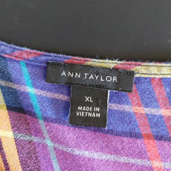 Ann Taylor Womans SZ XL Cinch Bottom Waiste Pastel Plaid Cinch Sleeve Blouse - Picture 8 of 9